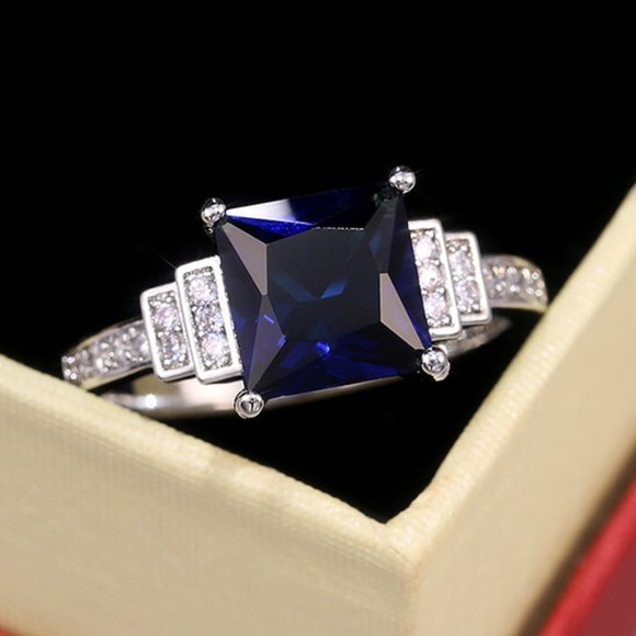 💍Luxury Square Shape Blue Diamond💎Stone Dainty 925 Silver Ring for Women, F006 - Picture 4 of 8